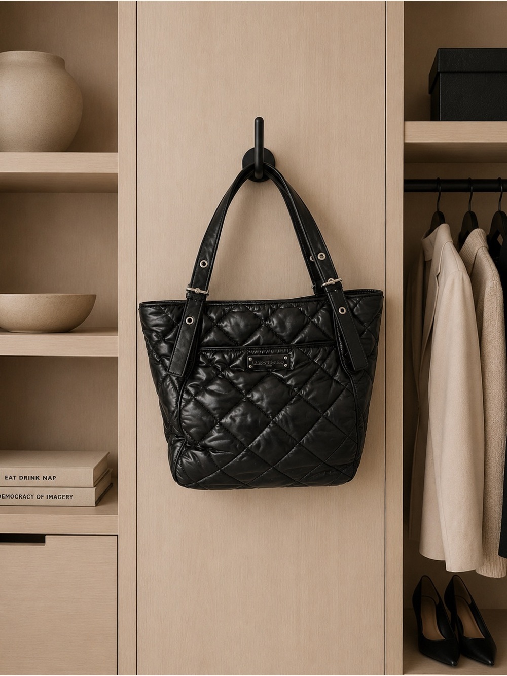 Vera Bradley Black Quilted Tote Bag with Front Plaque